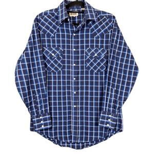 Ely Cattleman Pearl Snap Men's Shirt Western Blue Plaid Size Medium